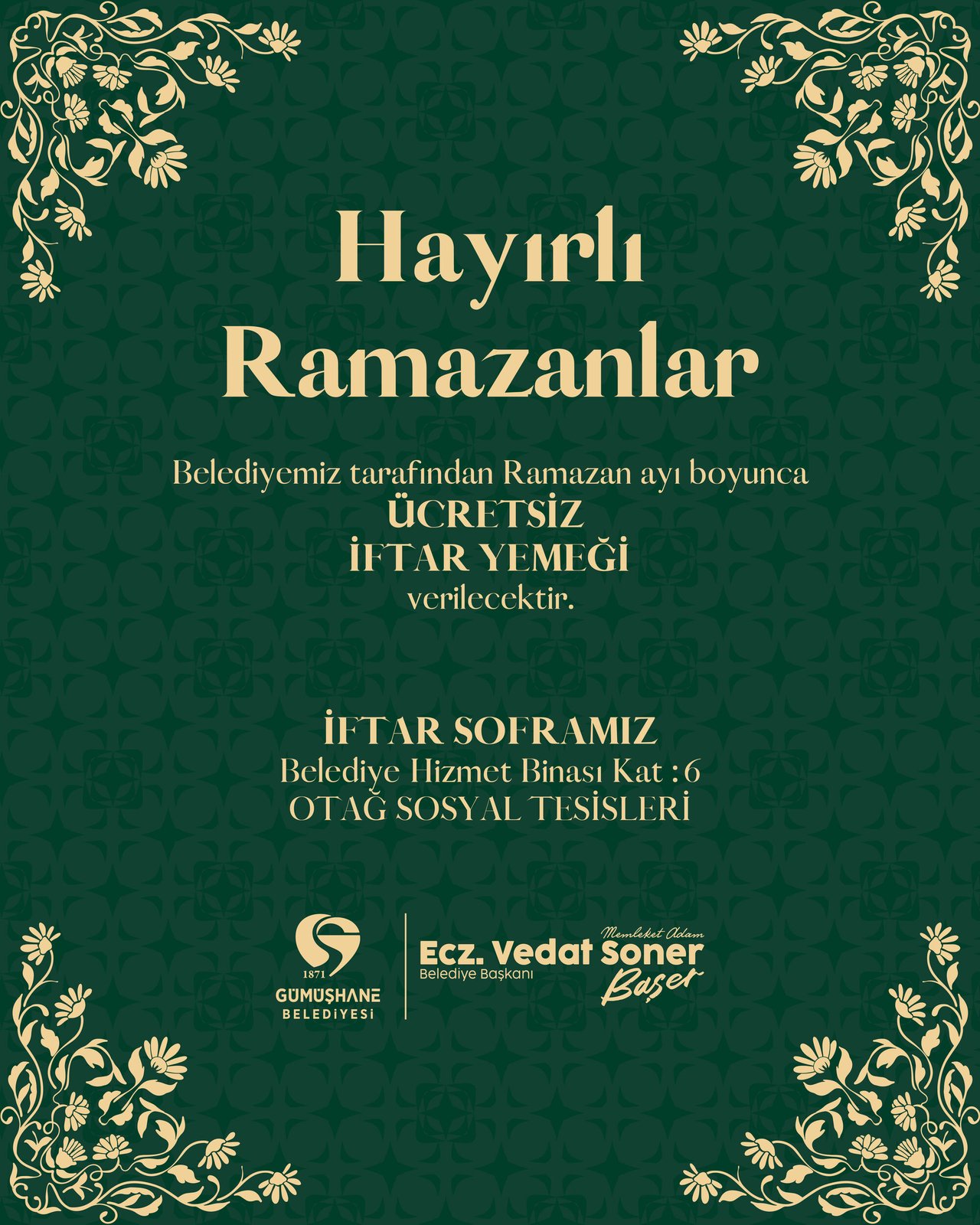 BELEDİYEMİZ TARAFINDAN RAMAZAN AYI BOYUNCA ÜCRETSİZ İFTAR YEMEĞİ VERİLECEKTİR