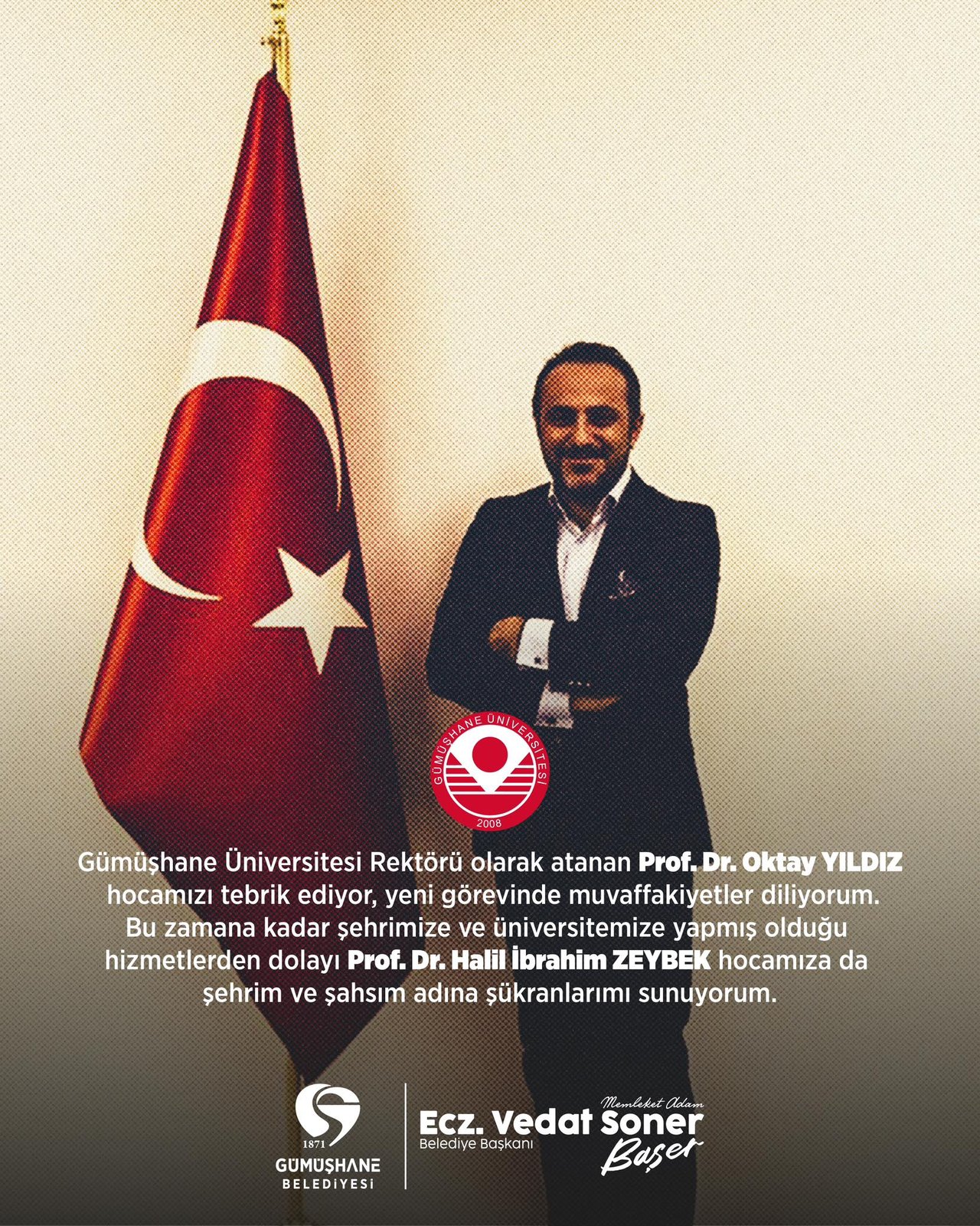 BAŞKANIMIZ, GÜMÜŞHANE ÜNİVERSİTESİ REKTÖRÜ OLARAK ATANAN PROF. DR. OKTAY YILDIZ HOCAMIZI TEBRİK ETTİ
