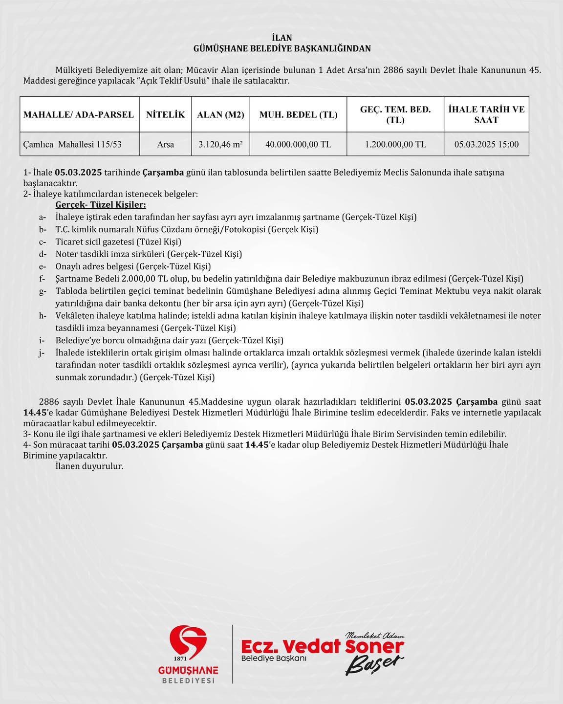 BELEDİYEMİZDEN 1 ADET ARSA SATIŞ İHALESİ
