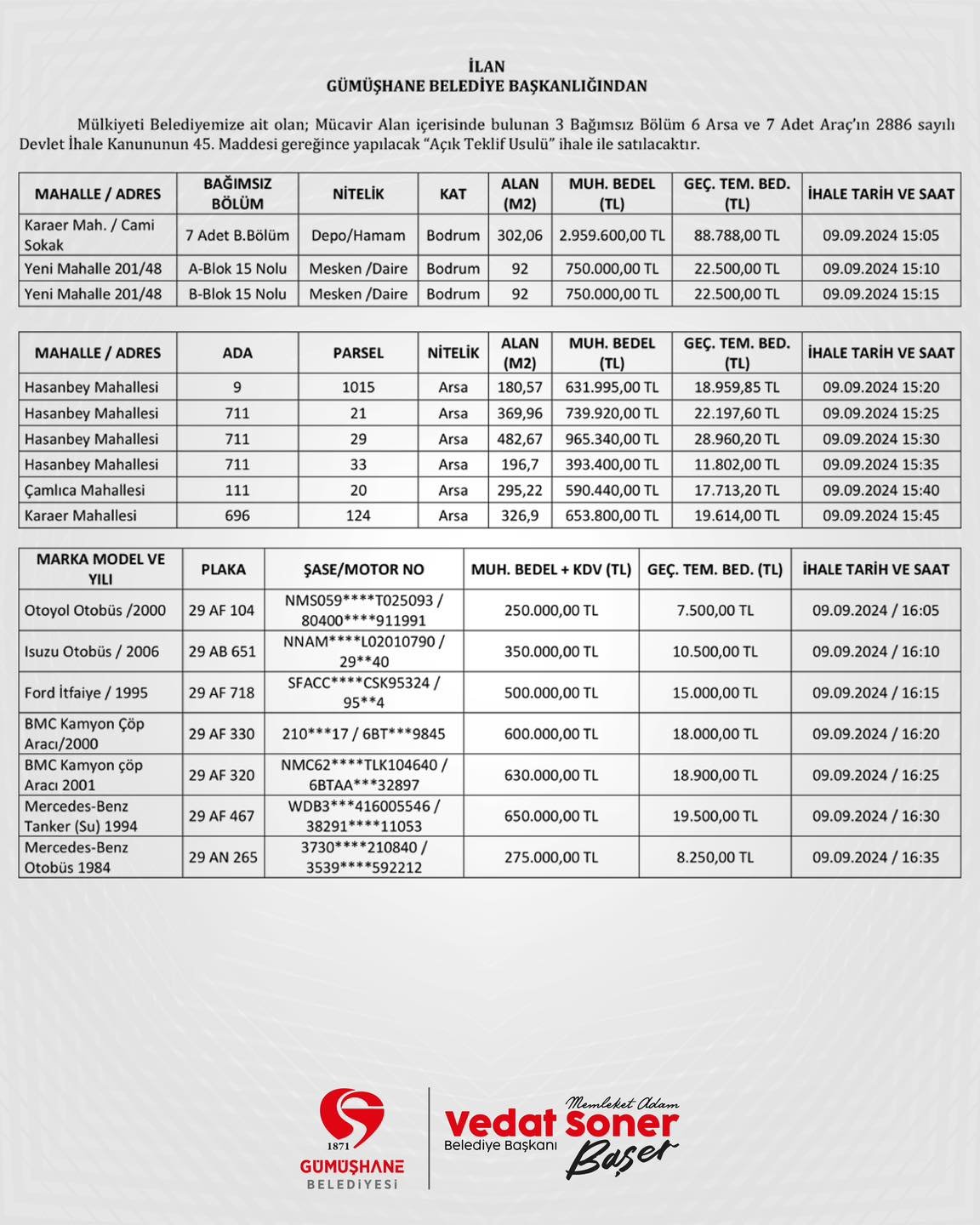 BELEDİYEMİZDEN, ARSA VE ARAÇ SATIŞI